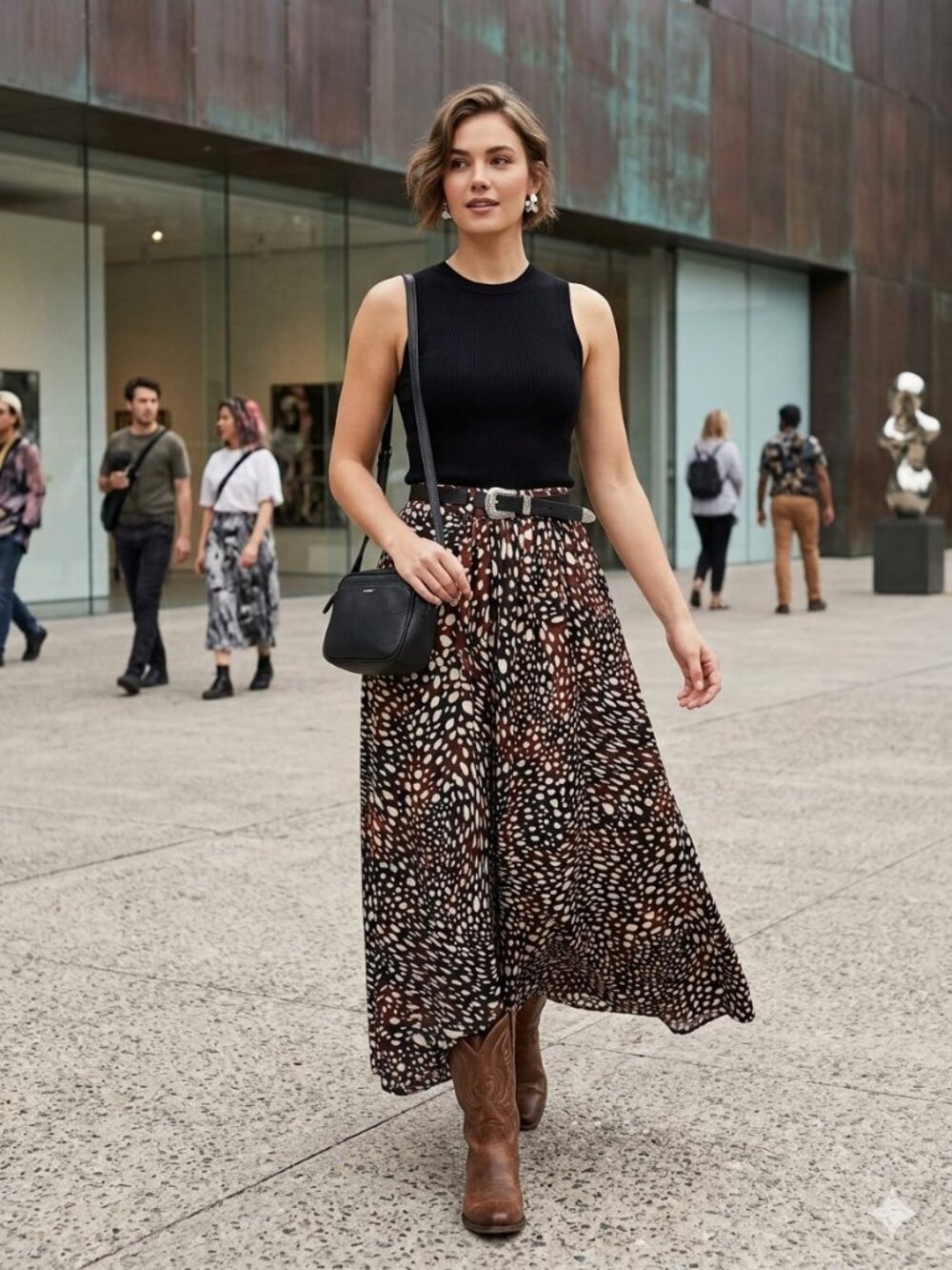 Avec Les Filles XL Abstract Spotted Pattern High Slit Western Belt Maxie Skirt